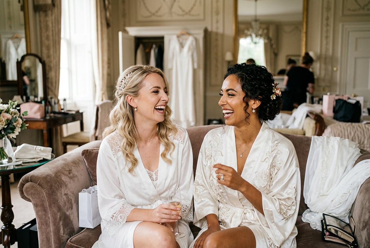 Two elegant brides with refined luxury bridal makeup