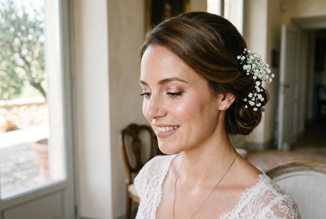 Refined bridal look with rose-gold eyes and low chignon