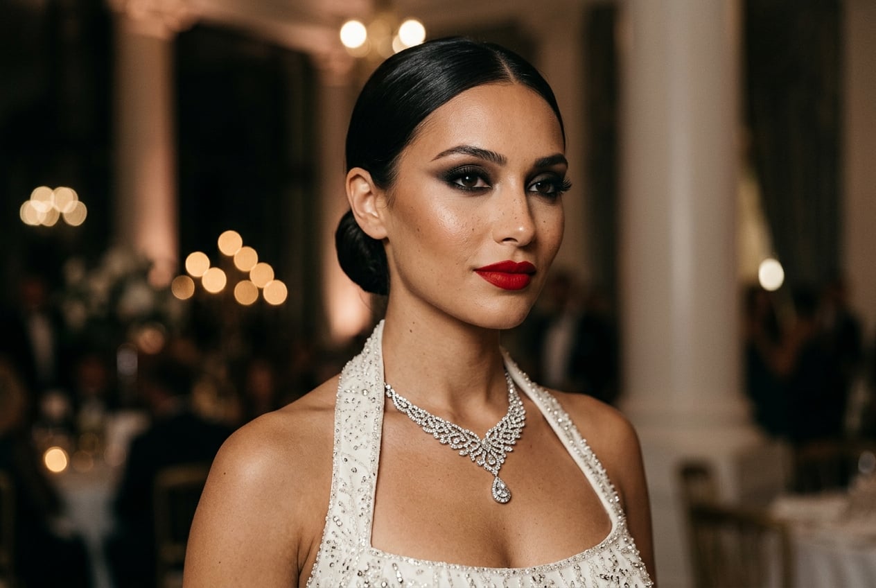 Full evening glam with bold red lip and diamond necklace